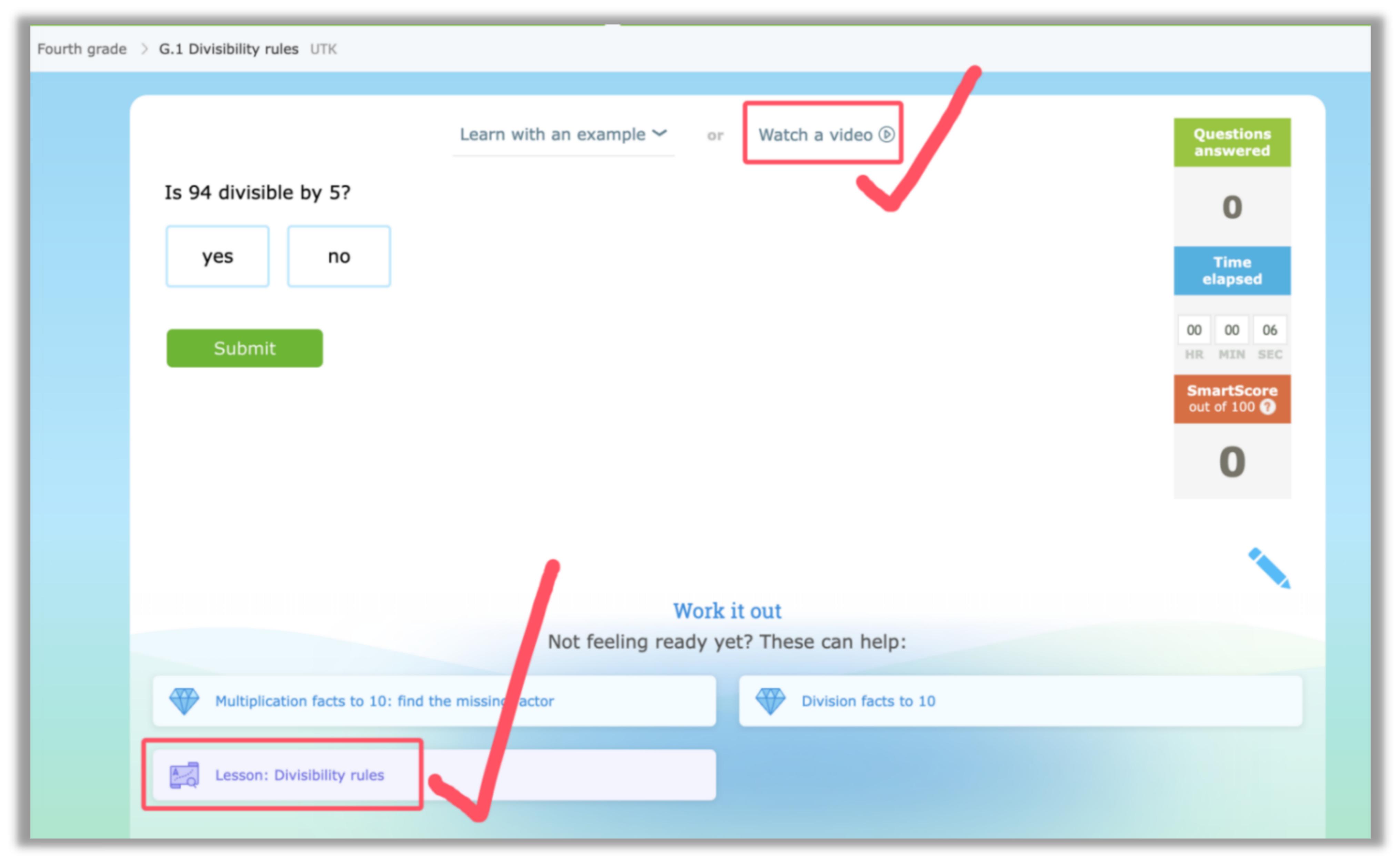 IXL 技能页：Is 94 divisible by 5? 题目，含 Watch a video、SmartScore、相关课程推荐